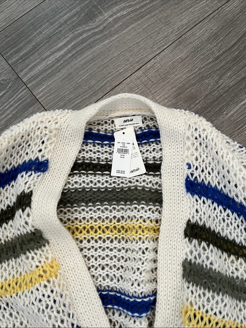 aerie Cream Open-Front Cardigan with Blue, Green & Yellow Stripes - Picture 3 of 4
